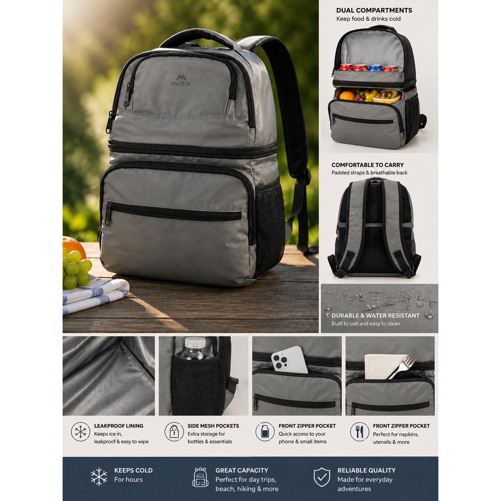 Matein Backpack Insulated Cooler Dual Compartment Grey Water Resistant Hiking